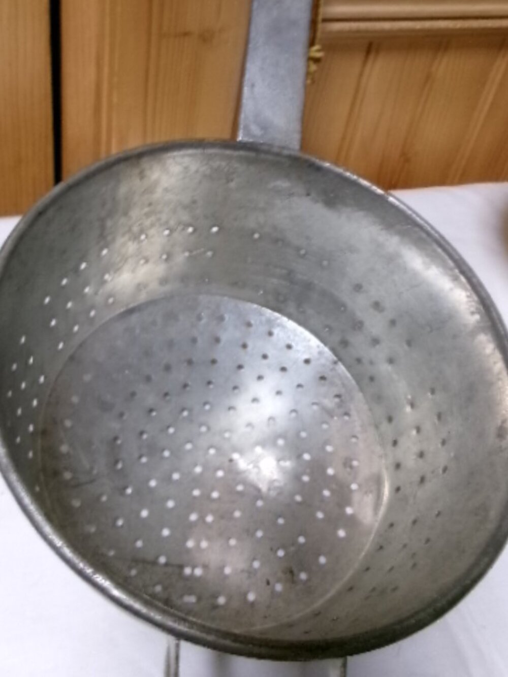 Primitive 1920s Colander strainer basket heavy aluminum handle marked france 18